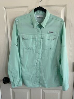 Columbia PFG Mint Green Outdoor Button-Up Shirt Fishing Sz Med Collared READ